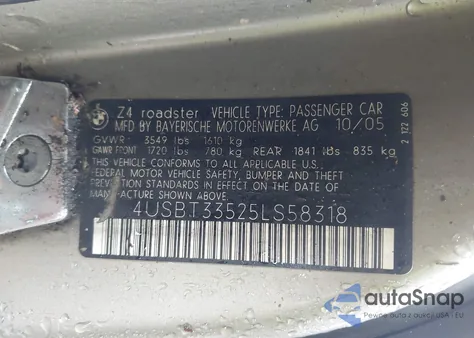 2005 BMW Z4 2.5I from USA, damaged, VIN 4USBT33525LS58318